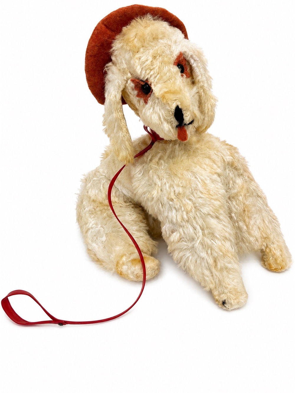 1950s 60s Plush Dog 12” Beret Red Collar Leash Mid Century Toy